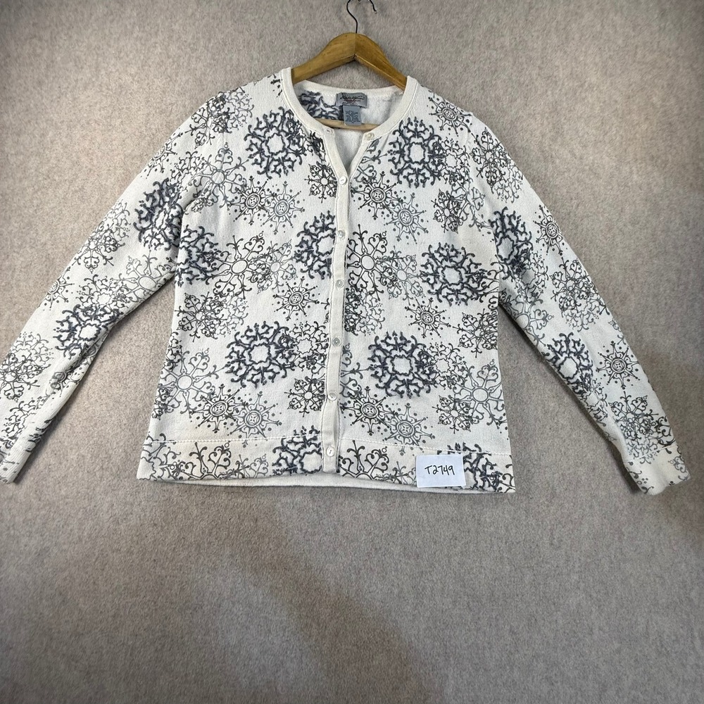 Eddie Bauer Collectibles Snowflake Cardigan Sweater Cream Gray Angora Blend M